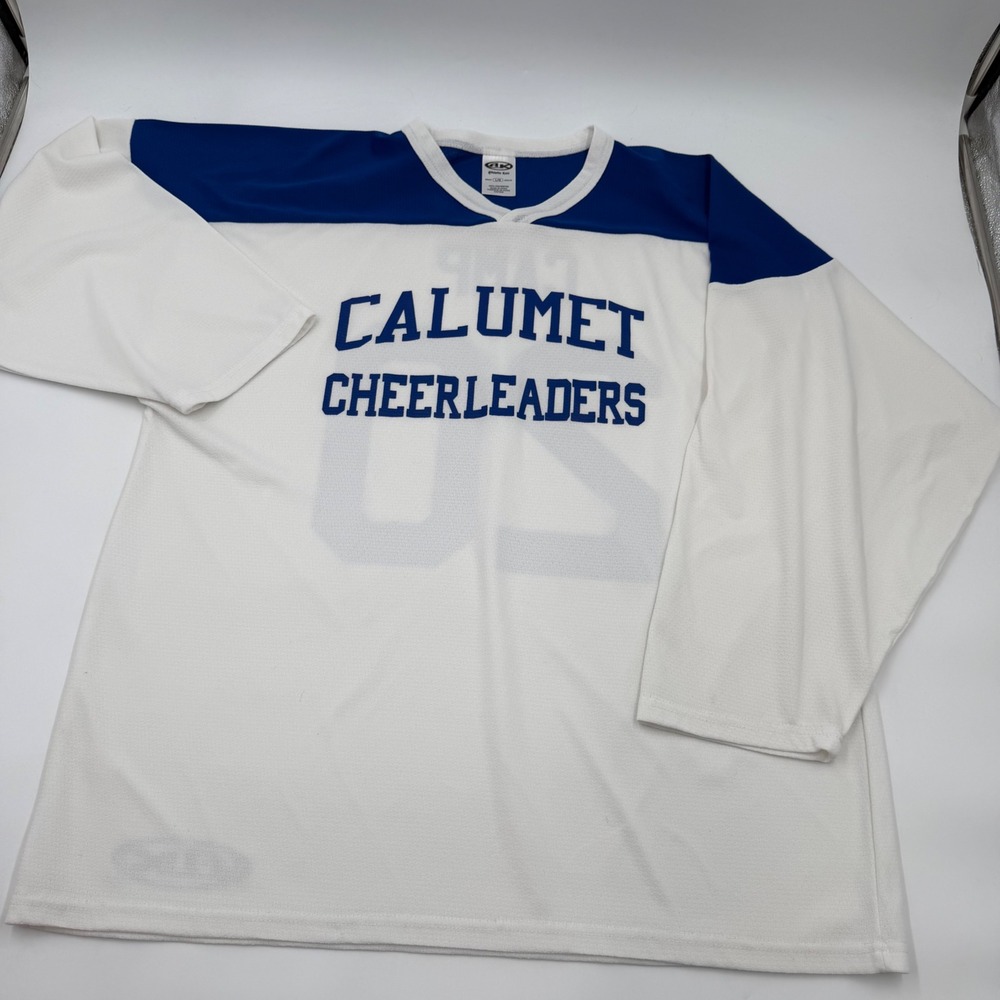 Athletic Knit Calumet Cheerleaders Jersey Mens L White Blue Camp 20 Long Sleeve